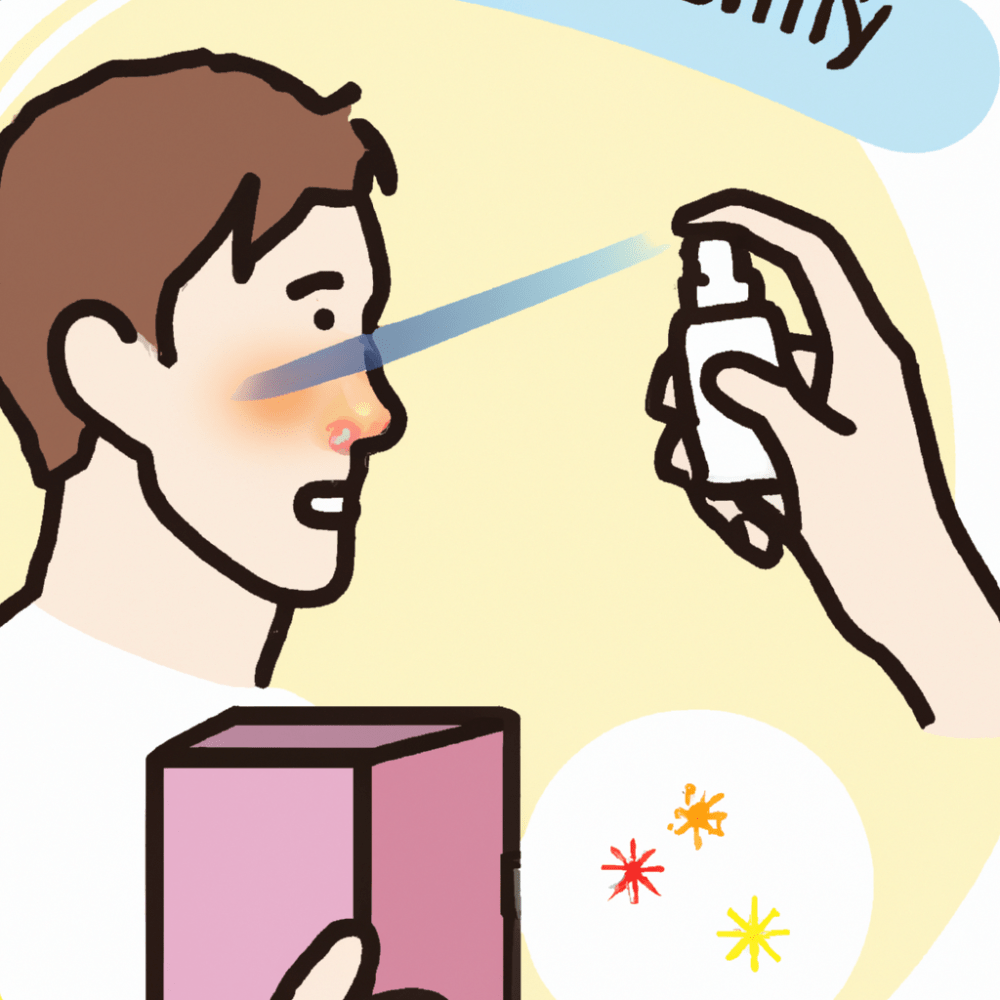 ilustración de rinitis alérgica y spray para la nariz en el hombre
